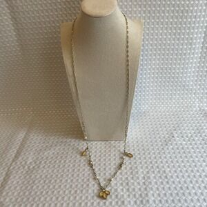 LIA‎ SOPHIA Vintage Gold-Tone Station Necklace Amber Glass & Faux Pearls #643